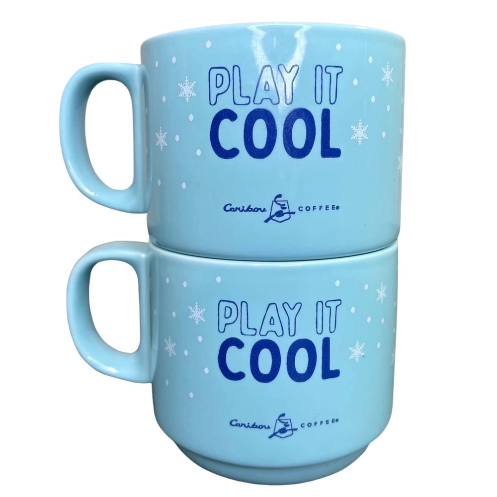 Caribou Coffee 2019 Play It Cool Penguin Coffee Mugs Blue Stacking Winter Snow